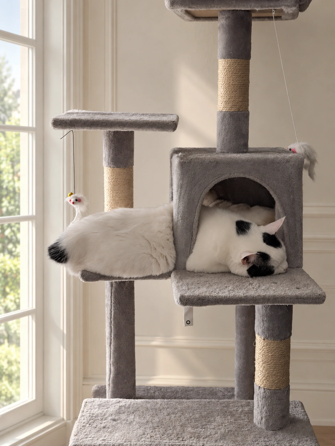 キャットタワーの小部屋で休むサスケとチャコ。サスケが手前にはみ出している