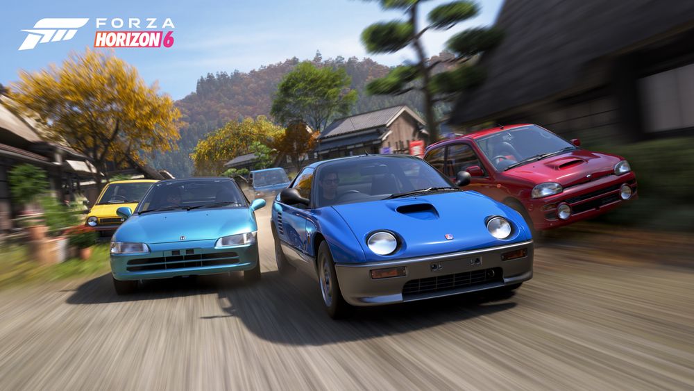 日本の田園風景を駆け抜ける軽自動車たち。FH6では軽自動車もプレイアブルだ